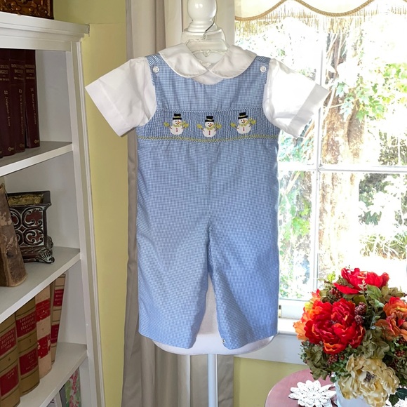 Boys Matching Boutique Christmas Snowman Smocked Longall Size 9 Months - Picture 3 of 9